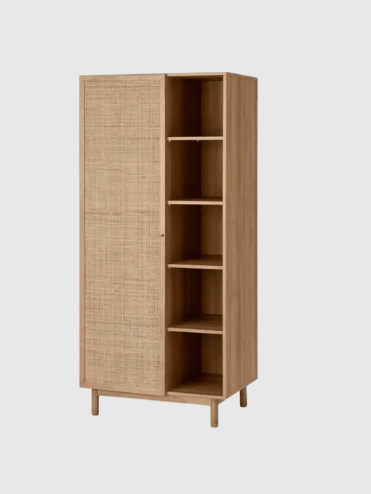 Multipurpose Wooden Living Room Cabinet shelving and Wardrobe with Rattan Woven Doors Furniture in natural light brown