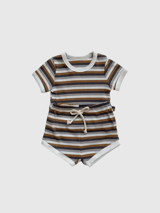 Summer 2 Pieces Toddler Infant Kid Baby Boy Clothes Sets Striped and Solid ribbed Soft Crewneck round o-neck Short Sleeves T-shirt Tops and Shorts 2-Piece set Summer outfits with tie-up bow Crew neck Clothing in brown mulitcolor