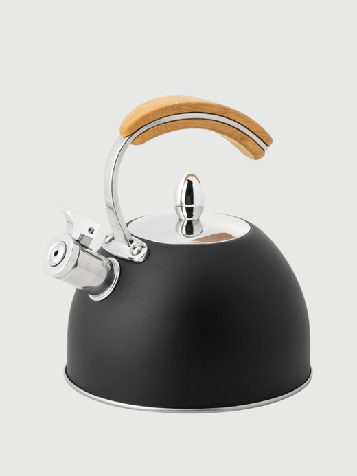 3L Whistling Tea Kettle Thick Stainless Steel Teakettle Teapot with Wooden Handle Compatible with Gas Stoves Induction Whistle Kettles Trend in Black