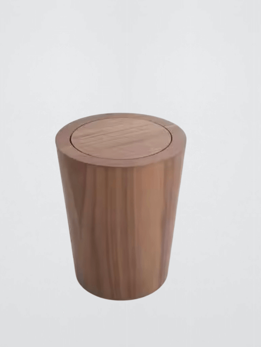 Swing Lid Garbage Can Waste Solid Wood Wastebasket Home Cleaning Tools Round Trash Office home Storage Baskets Bins 9L In dark brown natural wood