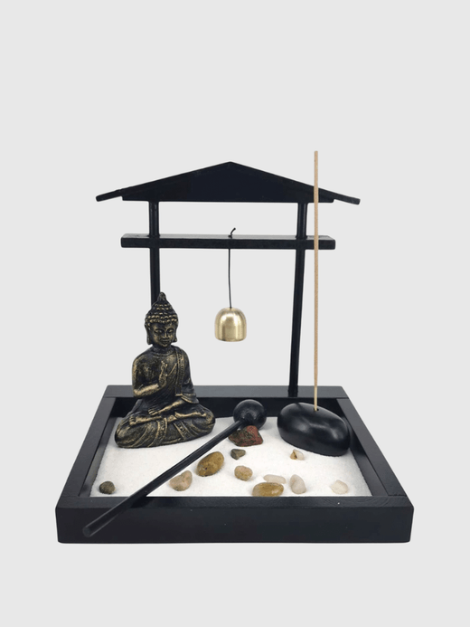 Japanese Buddha Desktop Meditating Statue Mini Zen Sand Garden Tray Kit for Home Office Decor in black with white multi color