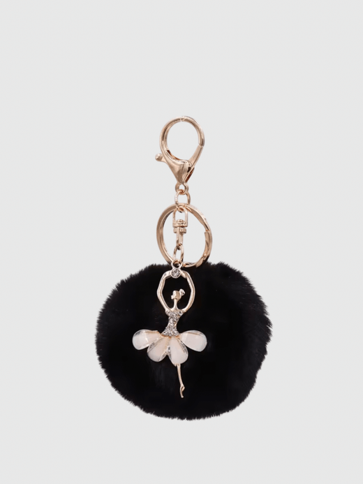 Kawaii Ballet Ballerina Dancing Girl Keyring Charm Cute Fluffy Pompom Rhinestone Car Handbag Motorcycle Pendant Accessories Keychains in black