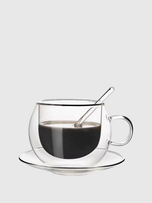 Transparent clear Glass Coffee Cup, Saucer and Spoon Set Handheld Double Wall Insulated Heat Resistant Drinking Glasses for Tea Latte Cappuccino cups