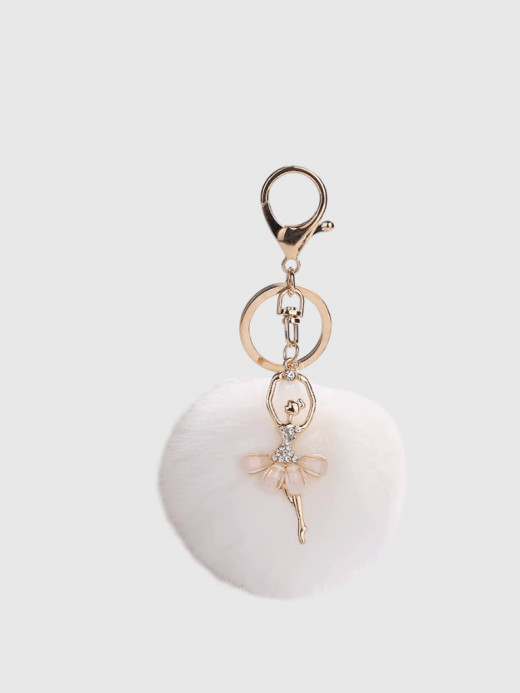 Kawaii Ballet Ballerina Dancing Girl Keyring Charm Cute Fluffy Pompom Rhinestone Car Handbag Motorcycle Pendant Accessories Keychains in white