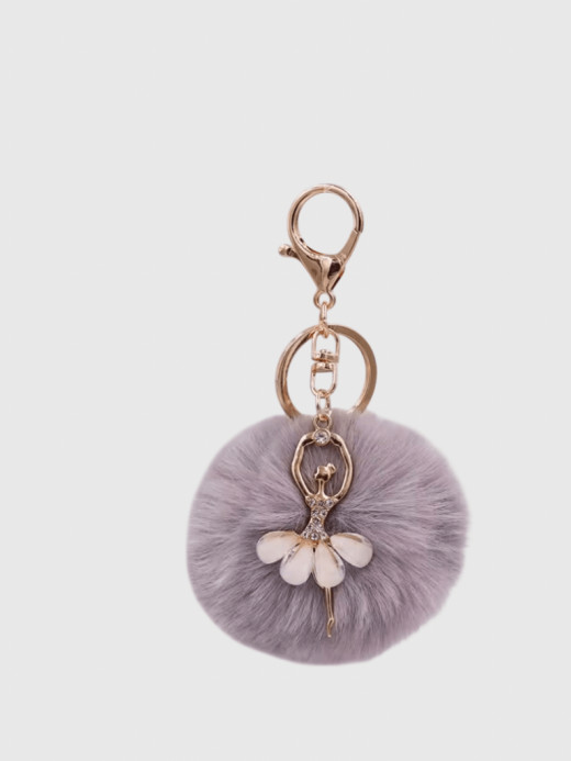 Kawaii Ballet Ballerina Dancing Girl Keyring Charm Cute Fluffy Pompom Rhinestone Car Handbag Motorcycle Pendant Accessories Keychains in Gray grey