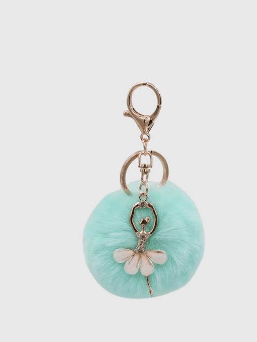 Kawaii Ballet Ballerina Dancing Girl Keyring Charm Cute Fluffy Pompom Rhinestone Car Handbag Motorcycle Pendant Accessories Keychains in light green