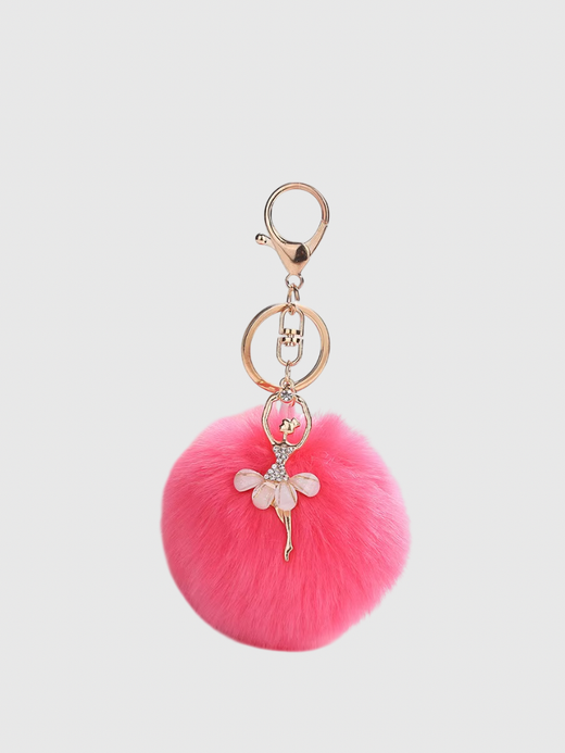 Kawaii Ballet Ballerina Dancing Girl Keyring Charm Cute Fluffy Pompom Rhinestone Car Handbag Motorcycle Pendant Accessories Keychains in rose red