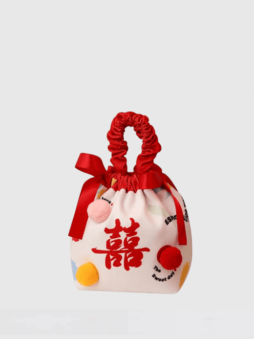 Fashion Flower Festive Sugar Cloth Storage Wrist Jewelry Packing Drawstring Bow Knot wedding gifting Wrist Hand Bag Lady Girls Women in red with white