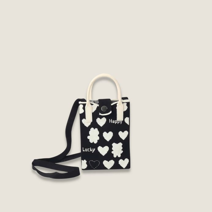 Retro High-End Fashion Kawaii Anime Style Exquisite HAPPY LUCKY Letter Bear Hearts Pattern Crossbody Satchel Bag, Durable and Wear-Resistant Knitted Fabric Can Be Used for a Long Time, Suitable for All Seasons, Can Be Used by Women and Men for Travel, Vacation, Holiday getaway Walking and Carrying cellphones Mobile Phones, Keys, Change and Other Small Items, Suitable for All Seasons Bags in black with white