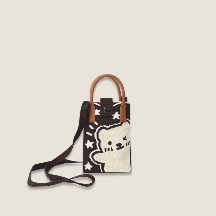 Retro High-End Fashion Kawaii Anime Style Exquisite Bear character Pattern Crossbody Satchel Bag, Durable and Wear-Resistant Knitted Fabric Can Be Used for a Long Time, Suitable for All Seasons, Can Be Used by Women and Men for Travel, Vacation, Holiday getaway Walking and Carrying cellphones Mobile Phones, Keys, Change and Other Small Items, Suitable for All Seasons Bags in brown with off-white cream, white