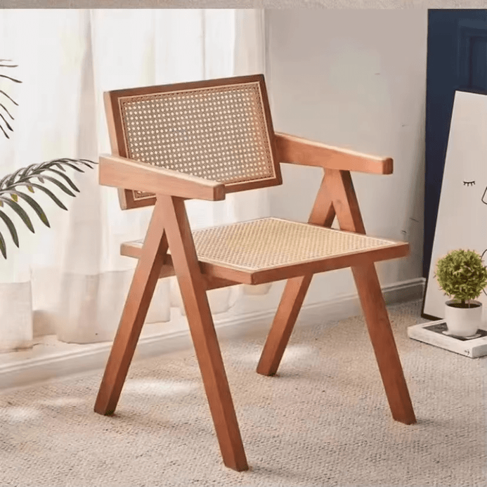 Stylish Japanese Rattan Dining Chair with Solid Oak Wood Legs for Modern Office Restaurant Home Decor Minimalist Dining Chairs with Rattan Backrest furniture in Light wood