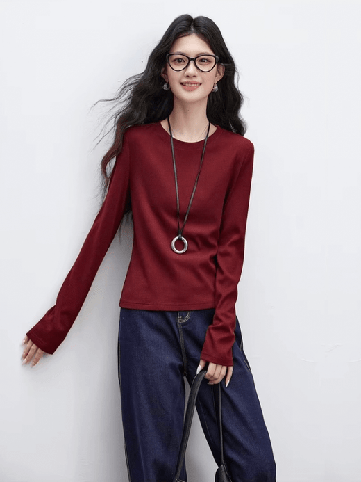 Women’s woman womens petite-, tall-, plus-, size Long Sleeves Fashion Bright Silk viscose Spring summer office wfh workwear Tees Basic crewneck Round O-Neck Bottom Top Clothing Casual T-shirts Clothes in wild vivid red