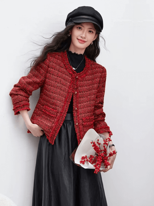 Women’s woman womens petite-, tall-, plus-, size Long Sleeves Fashion Short cropped Tweed Jacket Spring Summer Autumn Parisian French look Elegant Chick Long Sleeve Outerwear Ladies Short Coats Clothing Clothes in wild vivid red