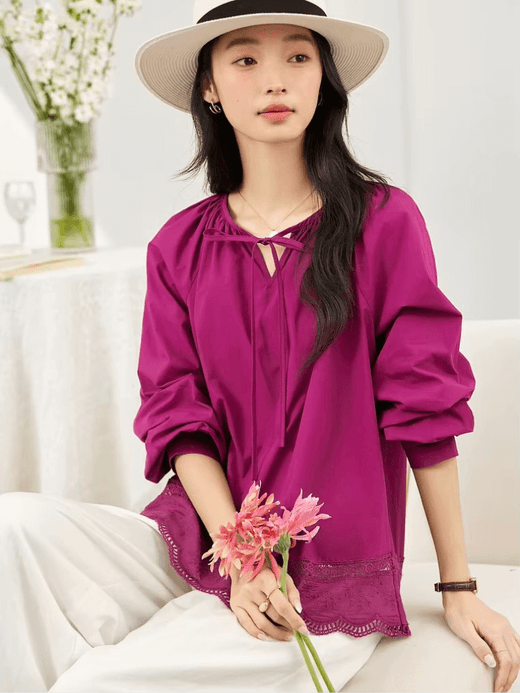 Women’s woman womens petite-, tall-, plus-, size 100%-Cotton Bohemia Boho Bohemian Spring Summer Autumn Long Sleeves Pure Cotton Loose boatneck v-neck Shirts Lace Splicing Hollow Out Hem Ladies bow tie-up Tops Blouses in burgundy grape wine-red