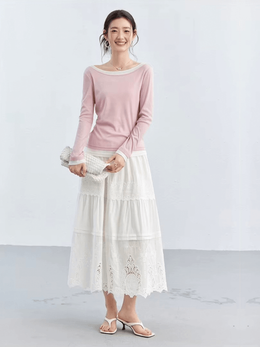 Women’s woman womens Bohemian Boho petite-, tall-, plus-, size Spring Summer Elegant Vacation holiday getaway Lace Trim Tiered Design Sense Casual Umbrella elasticated high rise waistline irregular hem A-Line ankle-length Midi Skirts in white