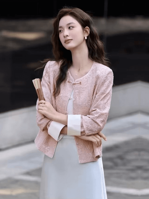 Women’s woman womens petite-, tall-, plus-, size pink Chinese Style Short cropped Spring Summer Crewneck Frog buckle Button Floral flowers Embroidery long sleeves Coat Loose Daily Casual Cardigan China Jackets