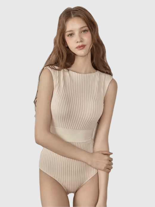 Women’s woman womens petite-, tall-, plus-, size Korean Style One Piece Sexy Ribbed Boatneck round O-neck padded sleeveless hollow-out back with button close High-rise waist Monokini holiday vacation getaway contrast waist band BeachWear Swimsuit Bathing Suit Swimwear in apricot