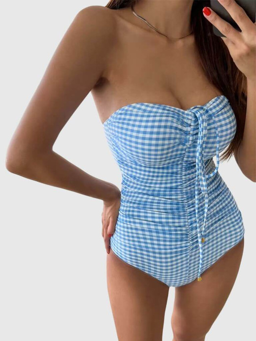 Women’s woman womens petite-, tall-, plus-, size Korean Style One Piece Sexy Plaid checkered strap neck padded sleeveless semi-backless High-rise waist Monokini holiday vacation getaway contrast waist band BeachWear Swimsuit Bathing Suit Swimwear in light sky blue, with white