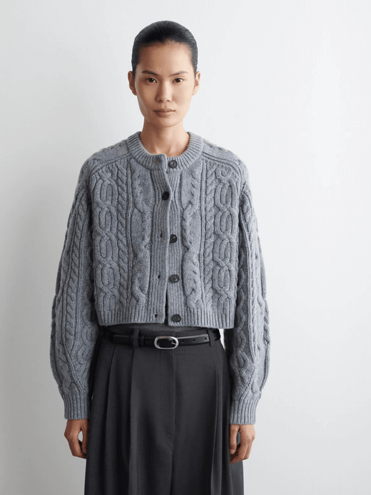 Women’s woman womens petite-, tall-, plus-, size office commute wfh workwear Crewneck round O-neck casual wool blend long-sleeves cable_knit short cropped Cardigan Sweaters clothing in Gray grey