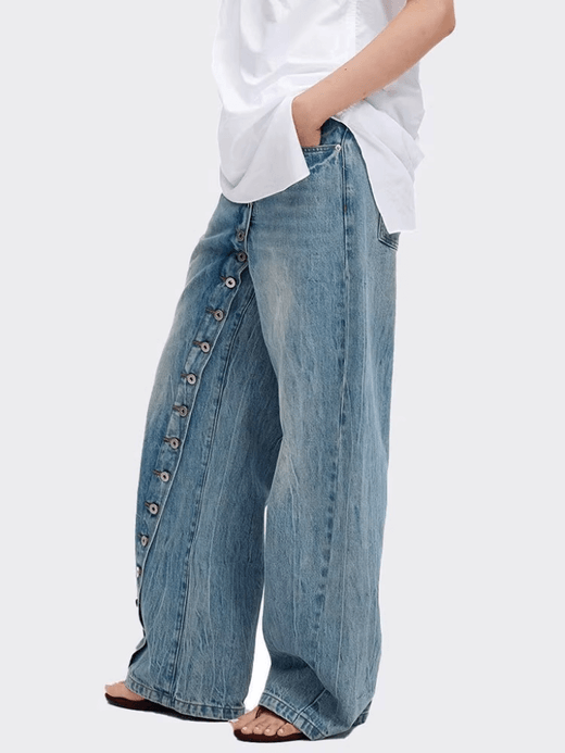 Women’s woman womens petite-, tall-, plus-, size American Retro Plus Size Distressed Washed Diagonal Button up High rise waist five pocket Spicy Design Casual streetwear dance Floor Pants Denim Jeans in blue