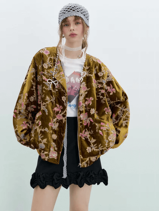 Women’s woman womens petite-, tall-, plus-, size Golden Velvet Winter Short Coat, Floral flowers Embroidered Goldfish Chinese Style Vintage Loose Padded Jackets Outwear Outerwear in gold multi color