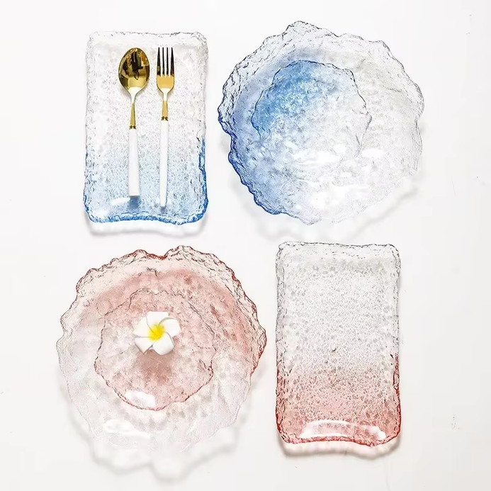 Gradient Glass Plate Dessert Snack Plate Sushi Dish Fruit Salad Plate Serving Plates  Service Plate Restaurant Cooking Cuisine dinnerware Plates Molecular Cuisine Tableware in blue orange gradients