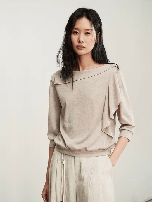 Semicircle Women’s woman womens Antoinette slash slit neck long Ruffle Sleeve T-Shirt Casual Style Pure Color Spring Summer Woolen Blend Loose Fit Tops T-Shirts in khaki beige