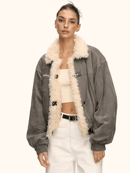 Women’s woman womens petite size Aaisup American thin Suede Cotton Hook and buckle Jacket Autumn Fall Winter Spring long sleeves Fake Lamb Fur Splicing Cotton outwear Coat Outerwear in Gray grey with cream