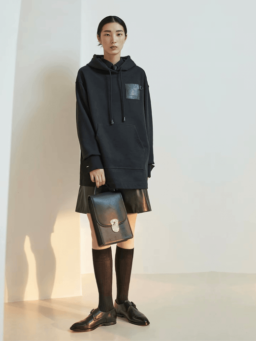 Women’s woman womens petite-, tall-, plus-, size Long plush Cotton Fleece Real Leather embosed Hoodie Mid-Length Heavyweight Soft hooded drawcord drawstring kanga pocket Sweatshirts in black