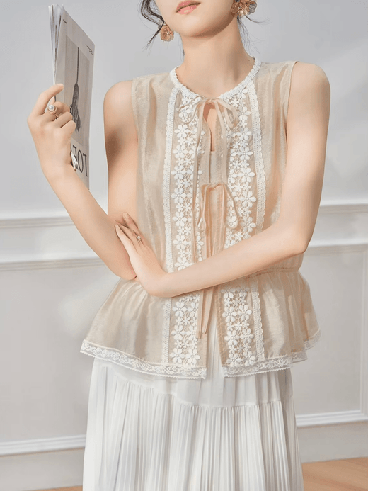 Women’s woman womens petite-, tall-, size Summer vacation holiday getaway Lace Tie Strap Vest Lightweight Linen Blouse Unique Style No-match Sleeveless Top Commute wfh office workwear evening party Style Slim Fit Tops Blouses in beige