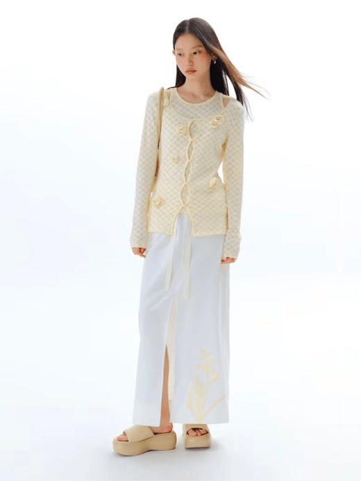 Women’s woman womens petite-, tall-, size Classic Spring Summer holiday vacation getaway U Are Original Design Hand Shake Plum Blossom Light Color Half maxi skirt with Belt Straight Cut Front Split High rise Waist Long Skirts in white with yellow accent