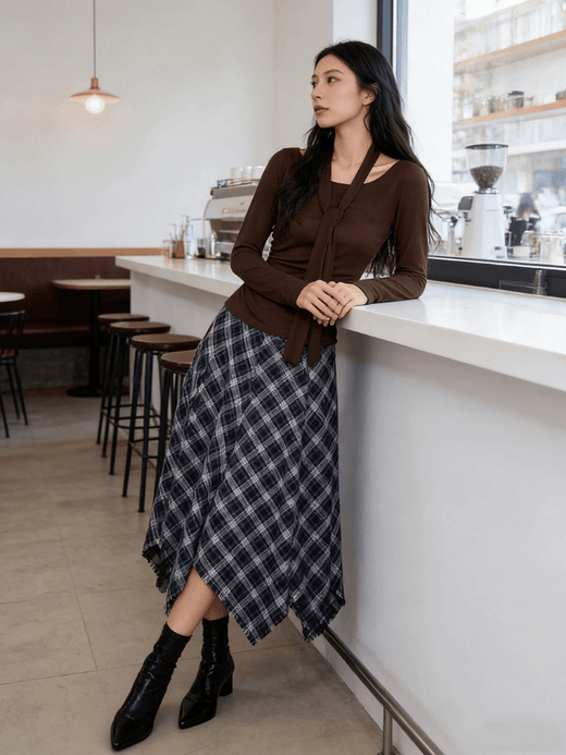 Women’s woman womens petite-, tall-, size Retro Korean High rise Waist Loose Fit Asymmetrical Long Casual Fall Autumn Winter Spring Summer Holiday vacation getaway Irregular hem Plaid Tassel Skirt Checkered skirts in blue