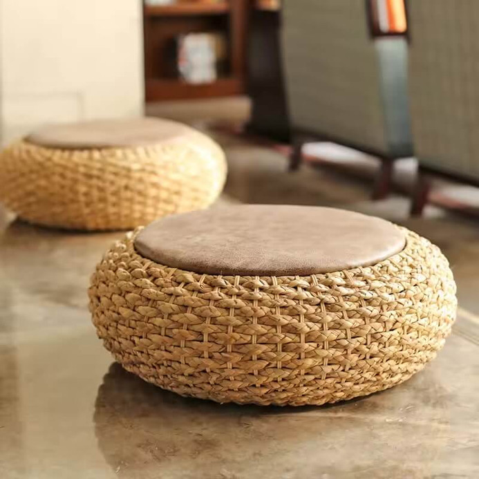 Modern hand crafted Knitted Round Pouf Ottoman Stool with PU Leather Seat Pad Floor Yoga Meditation Cushion Straw Rustic Tatami Poufs Office home restaurant bar diner eatery zen relaxation study-, living-,  dining-, room Furniture in natural light brown color