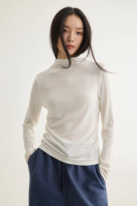 Women’s woman womens petite-, tall-, plus-, size Fuxu Breathable Lightweight Woolen T-Shirt ladies Base shirt Long sleeves Pleated fit High mockneck Collar Casual commute wfh office workwear street style Spring Summer holiday vacation getaway Fall Autumn Winter All Seasons streetwear T-Shirts blouse tops in white