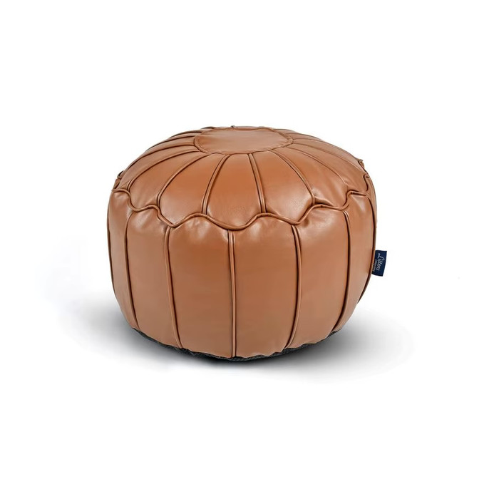 Office home Tan Brown Soft Faux Leather Round Moroccan Footstool Pouffe Bean Bag, Living Room Decorative Seat, Piped Detailing 50cm x 30cm