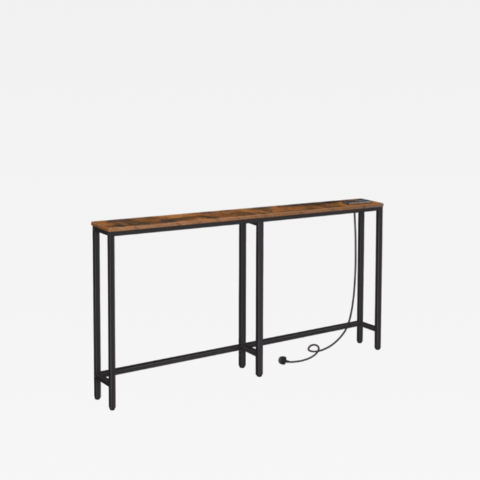Office Home Entryway Hallway living room Narrow Console Table with Charging Station 160 cm Behind Sofa Couch Table Long Hallway Table Slim Console Tables Furniture in natural dark brown and black