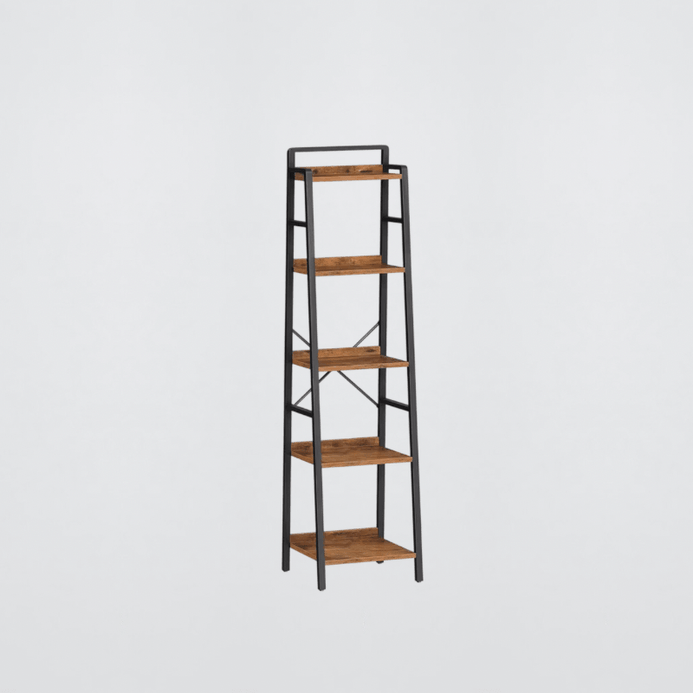 Home Office Ladder Shelf Tall Narrow Bookcase 5-Tier Book Shelf with Metal Frame Tall Storage Shelf Industrial Storage Unit Bookcases shelving furniture in natural dark brown with black