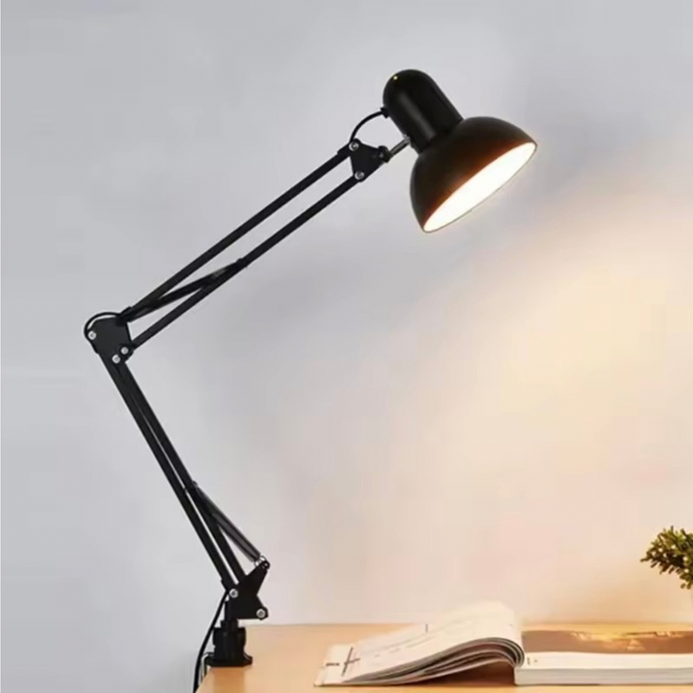 Office Home Retro foldable desk lamp clip on light, Telescopic eye protection Bedroom Computer Table Lamps Home Decor for E27 Bulb in black