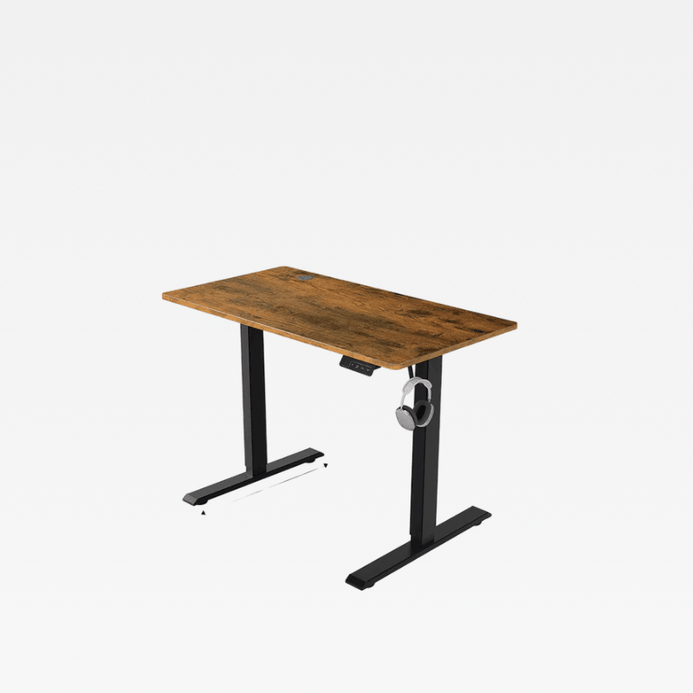 Office Home study room JC Electric Lifting Computer Sitting Standing Desk Single Motor with headphone hook rest Electrical desks furniture in natural dark wood with black frame