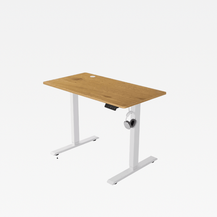 Office Home study room JC Electric Lifting Computer Sitting Standing Desk Single Motor with headphone hook rest Electrical desks furniture in natural wood with white frame