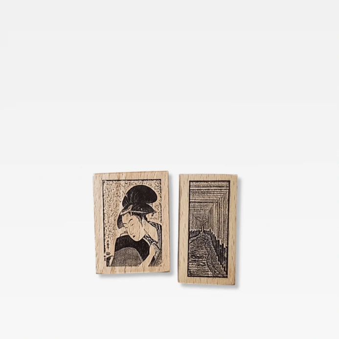 Office Home Tourism souvenir Japanese wooden Stamp Scrapbooking Ukiyo Japan Travelogue Vintage Scrapbook Journaling Diary Decoration Wood Notebooks Stamps seals Japan souvenirs 2-piece set geisha girl and Torii gates in natural light wood