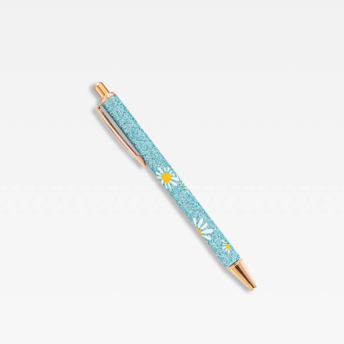 Office Home School kawaii cute writing Ballpoint Pen metal Stationery supply Pens in light green color with white and light yellow daisies floral daisy flowers