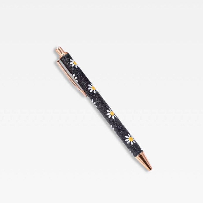 Office Home School kawaii cute writing Ballpoint Pen metal Stationery supply Pens in black color with white and light yellow daisies floral daisy flowers