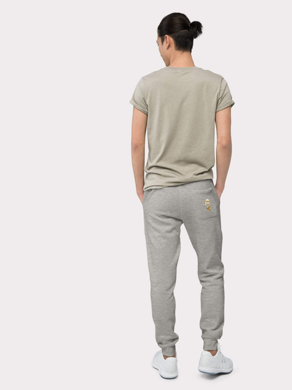 Thai Fleece Sweatpants gray   Genderful Unisex anywear Men’s everyday use relaxed fit elasticated high rise waist with drawcords, back right side patch pocket with Thai character in traditional dress dancing  and tapered full leg for man in Carbon grey Mens activewear running jogging pants Thailand Sportswear Joggers