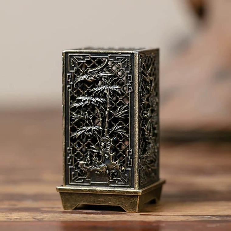Vertical Incense Burner Alloy Hollow Incense Holder Xiangyun Stick-less Powder Lasting Fragrance Incense Aromatherapy Accessories Home decorative Ornament accessory with stand base in copper color