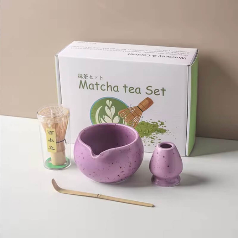 4-8pcs/set Ceramic Matcha Set Tea Bowl Traditional Japanese Tea Making Tools matcha tea-set tea whisk bamboo matcha brush sets in light purple