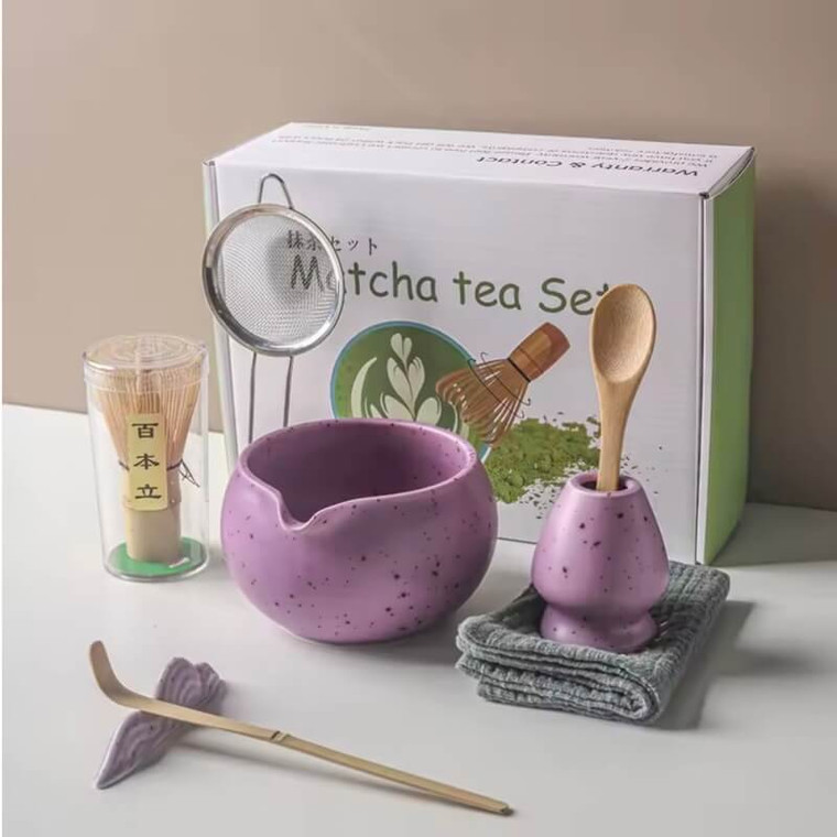 4-8pcs/set Ceramic Matcha Set Tea Bowl Traditional Japanese Tea Making Tools matcha tea-set tea whisk bamboo matcha brush sets in light purple