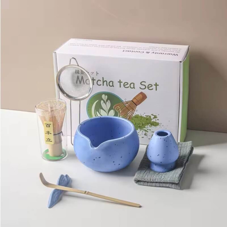 4-8pcs/set Ceramic Matcha Set Tea Bowl Traditional Japanese Tea Making Tools matcha tea-set tea whisk bamboo matcha brush sets in light blue