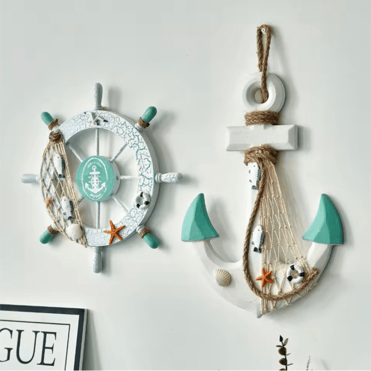 Indoor Outdoor Garden New England USA American Mediterranean Nautical ships Anchor and Steering Rudder Wheel Set Navigation Decoration Wooden Marine Crafts Home Wall Courtyard Beach Decor in white light green with beige