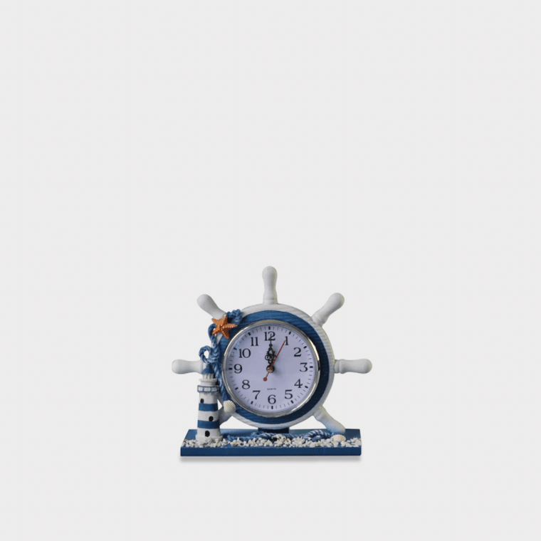 Indoor Outdoor Garden Nautical Themed Mediterranean style Entryway reception Retro Wooden Anchor Ship Beach Sea Theme Boat Circular Wheel Time Rudder Steering with starfish seashells netting rope and lighthouse Table Clock home Decor House Room Clocks deal for those who love sailing and nautical-art in blue with white multi color